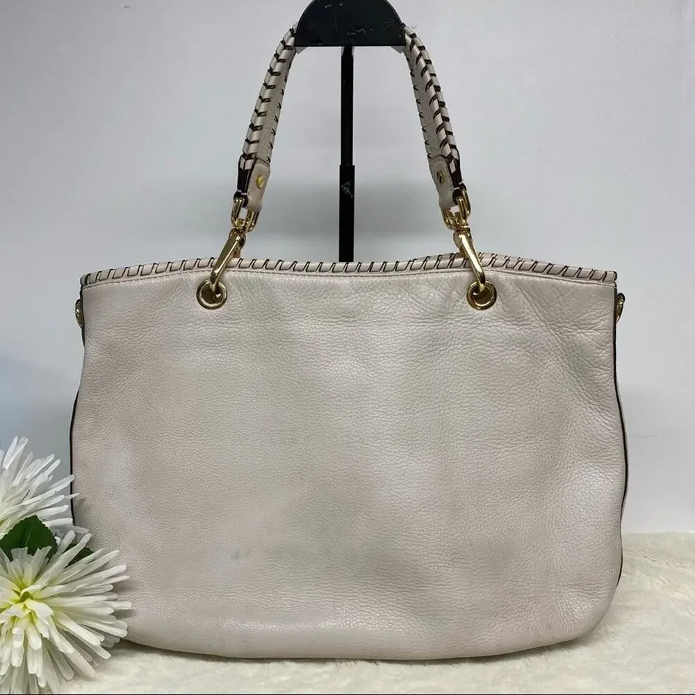 Michael Kors MK Purse Leather Hobo Bag Weave Strap Gold Hardware Cream Large